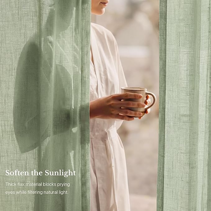 NICETOWN Sage Green Linen Curtains 96 inch Long 2 Panels Set, 55" Wide Thick Flax Linen Blend Organic Home Decor Rod Pocket & Back Tab with Light Filtering for Bedroom/Living Room