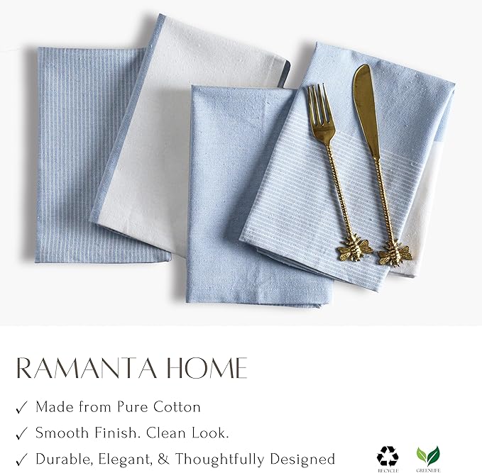 Ramanta Home Cloth Napkins Set of 4 18x18 Inches - Spring Basket Decor Block Striped Dinner Napkins for Easter Farmhouse Wedding, Washable Soft Cotton Durable Table Linen -Everyday Use - Light Blue