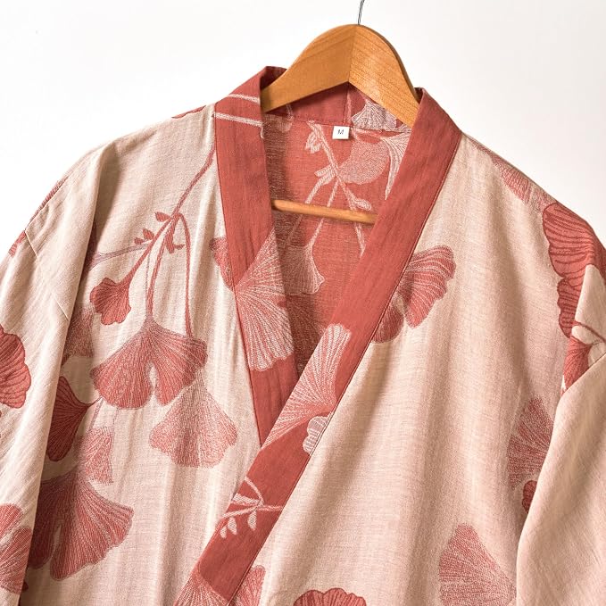100% Cotton Gauze Ginkgo Leaf Kimono Robe, Long Knit Loose Bathrobe Nightgown Ladies Loungewear Sleepwear for Women