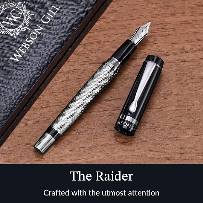‘The Raider’ Silver Luxury Executive Fountain Pen, Polished Chrome and Lacquer, Stainless Steel Nib, Easy Refill Ink Piston Converter, Smudge Free, No Bleed, Fits Our Instant Insert Ink Cartridges