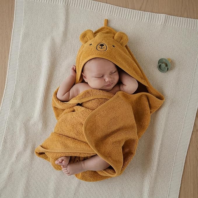 Hooded Baby Towel – 100% Organic Cotton Baby Bath Towels – Baby Boy and Girl Newborn Essentials - Super-Soft and Absorbent. (Bear - Autum Yellov)