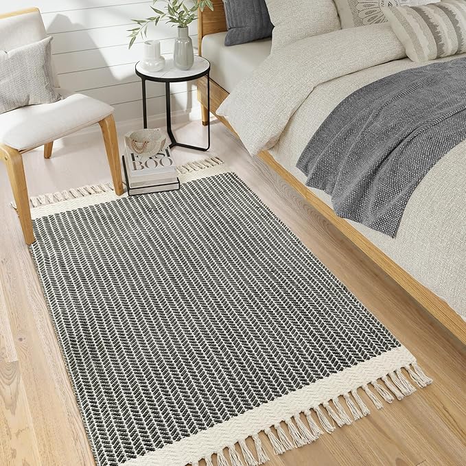 Lahome Belle Boho Living Room 3x5 Washable Rugs for Entryway Lightweight Woven Grey Mat with Tassels, Farmhouse Bathroom Rug Non Shedding Area Carpet for Bedroom Office Camper RV Decor