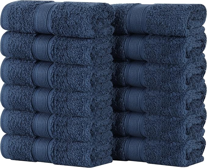 Superior 100% Organic Cotton Face Towel/Washcloth Set of 12, Daily Use for Bathroom, Guest Bath, Quick Dry Small Towels, Face, Hand, Gym, Spa, Hotel, Absorbent, Oregon Collection, Navy Blue