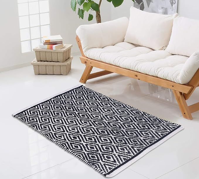 Chenille Cotton Diamond Rug 21x34 Inches - Navy, Reversible Small Soft Washable Front Door Mat Ideal for Kitchen, Entryway, Bathroom | Blue Farmhouse Boho Accent Indoor Throw Rugs for Patio