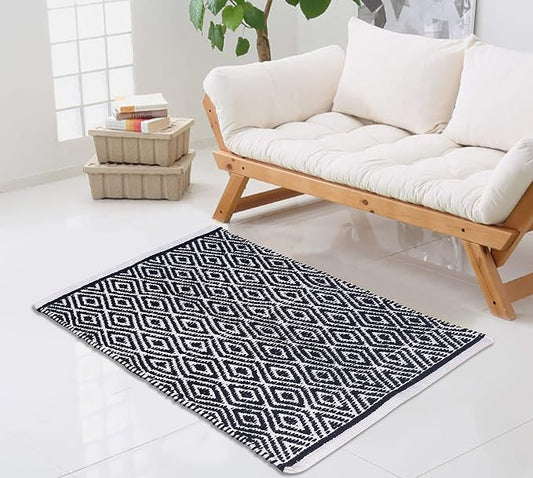 Ramanta Home 100% Cotton Diamond Handwoven Reversible Rug 21x34 Inch– Navy| Soft Washable Area Rug for Bathroom, Kitchen, Bedroom, Entryway | Durable Lightweight Handmade Accent Floor Mat | Boho Décor