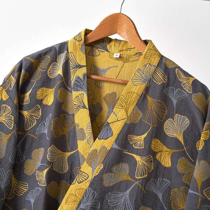 100% Cotton Gauze Ginkgo Leaf Kimono Robe, Long Knit Loose Bathrobe Nightgown Ladies Loungewear Sleepwear for Women
