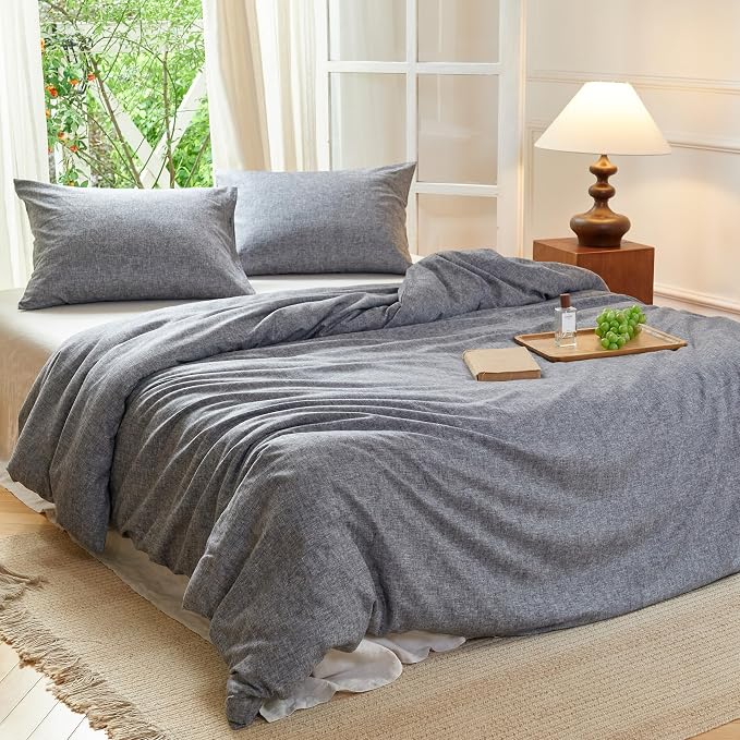 Simple&Opulence Linen Duvet Cover Set King Size - French Linen Cotton Woven Blend in Dark Grey, 3 Pieces (1 Comforter Cover 104x92” + 2 Pillowcases), Soft & Breathable All-Season Farmhouse Bedding