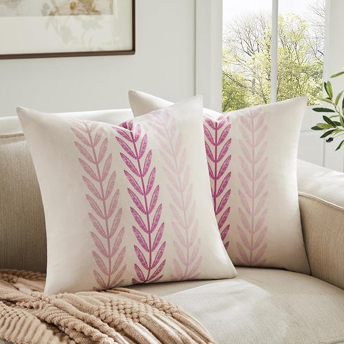 100% Cotton Farmhouse Leaves Throw Pillow Covers Set of 2, 16x16 Inch Mixed Pink Pastoral Decorative Print Cushion Covers for Sofa Bed Living Room Home Decor
