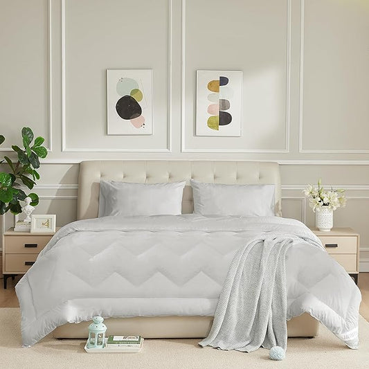 Full Size Duvet Insert - All Season 100% Cotton Shell Comforter - Quilted Fluffy Down Alternative Duvet Insert - Light Gray - Soft Breathable & Lightweight with 4 Corner Tabs