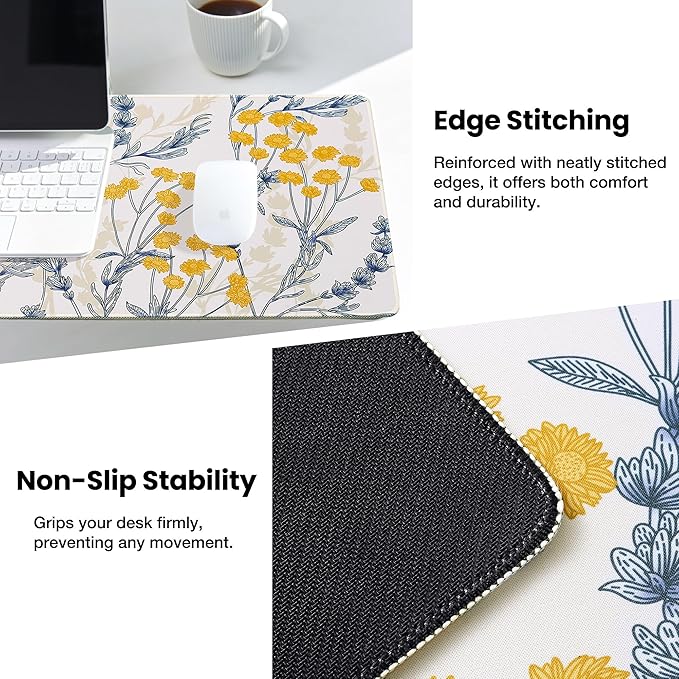 ALOANES Waterproof Mouse Pad with Durable Stitched Edge, Large Gaming Keyboard Pad, Non-Slip Rubber Base, Extended Desk pad for Gamer, Office & Home, Yellow Flower Mousepad 31.5"x 11.8"x 0.12"