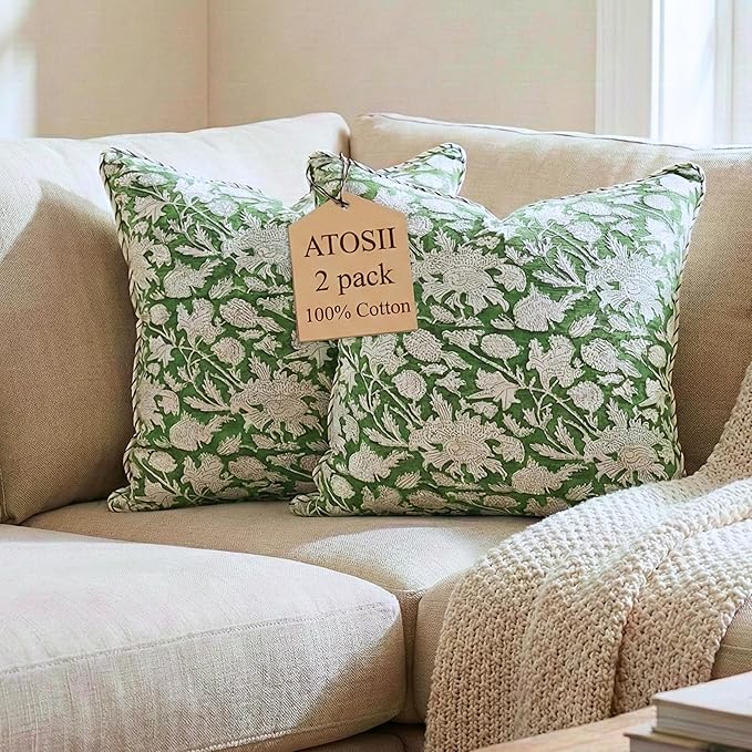 ATOSII Block Print Throw Pillow Covers, 18 X 18 - Set of 2, Decorative Couch Pillows for Living Room Bed Sofa, 100% Cotton Canvas Pillow Case for Home Decor & Outdoors, Preppy Throws - Meraki Green