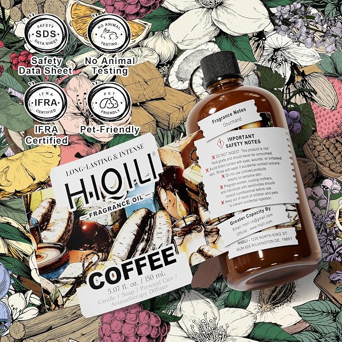HIQILI Coffee Fragrance Oil for Candle Making & Diffusers Use - 5.07 Fl Oz | for Scent Humidifier, Perfect for Soap, Body Scrubs & Perfume Making, New Car & Home - 150 ML
