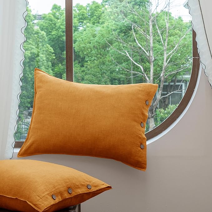 100% Linen Pillowcases Set of 2, French Linen from Normandy, 26X26Inch Standard Size, Natural Color, Coconut Buttons Closure, Flax Pillowshams-Pillowcase-Caramel