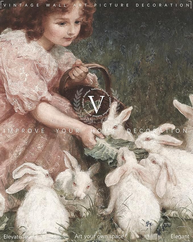 Vodefoad Little Girl Feeding Bunnies Painting Art Vintage Easter Antique Rabbit Oil Painting and Child Wall Art Girl in Field With Rabbits for Nursery Gril Bedroom Gallery Bathroom Office Decor - 8x10Inch Unframe