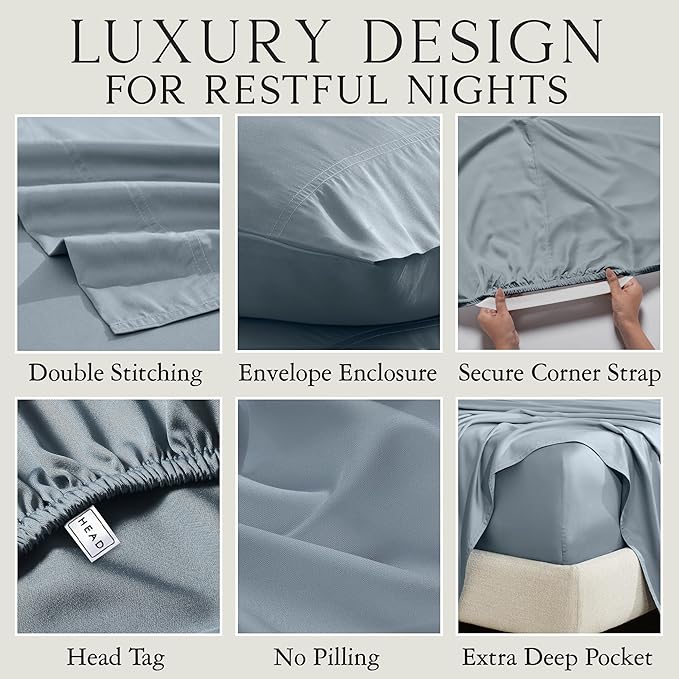 KARISSA MAE Pure Viscose from Bamboo Queen Size Pillowcase Set | 100% FSC Certified | Luxuriously Soft | Cooling | [Chambray Blue]
