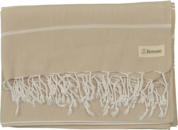 Bersuse Towels Anatolia XL Beach Blanket Throw Blanket Turkish Towel 100% Cotton Extra-Large Quick-Dry Lightweight Premium Peshtemal Towel - 61x82 Inches, Beige