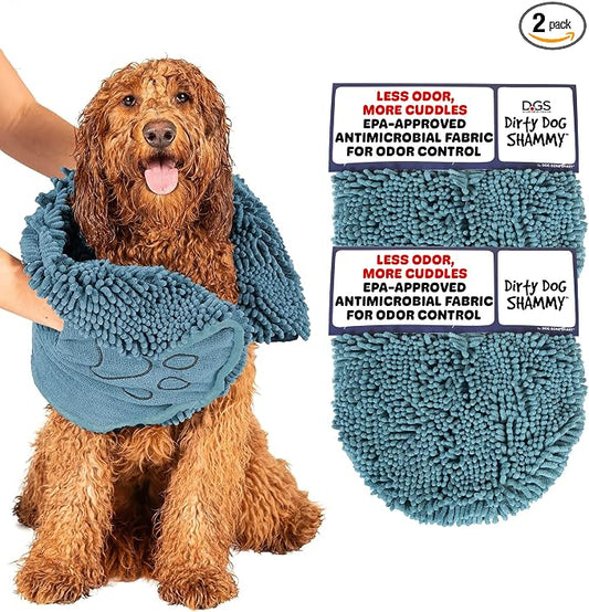 Dog Gone Smart The Dirty Dog Shammy - 2-Pack, Antimicrobial Microfiber Dog Towel for Odor Control, Fast-Drying Plush, Dual Hand Pockets & Super Absorbent, Machine Washable - 31 x 13 in, Pacific Blue