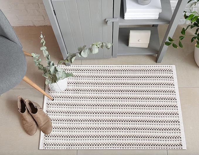 Cotton Chalk Stripe Woven Area Rug 2x3 Feet - Grey Beige, Farmhouse Soft & Durable Decorative Washable Floor Rugs Ideal for Entryway, Bedroom, Kitchen | Linen Small Nersery Space Reversible Door Mats
