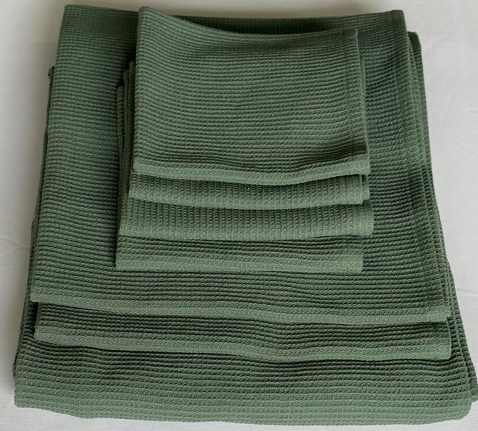 Organic Cotton Bath Towel Set Waffle, GOTS Certified (Forest Green) Super ABSORBANT & Quick Dry, NO SOFTENERS, Environment Friendly, 1xBATH58x30.5, 2xHAND29x20, 4xFACE12x12INCH