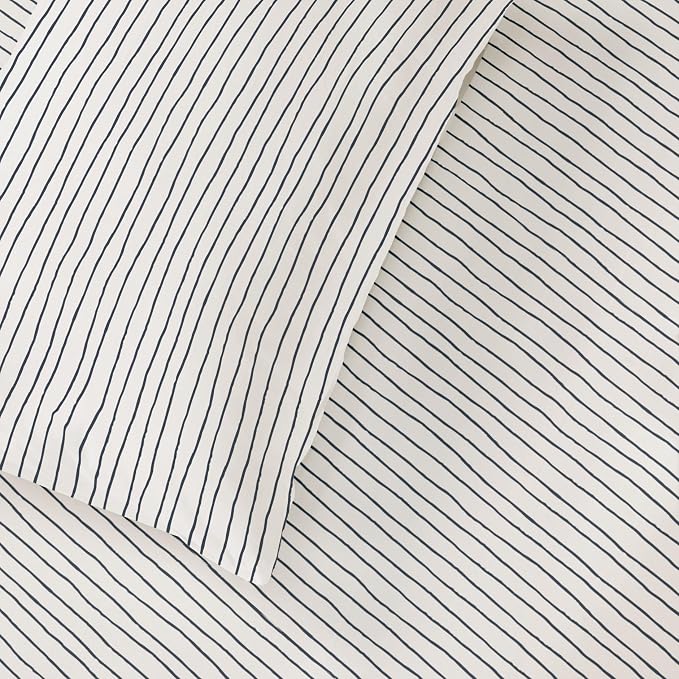 MakeMake Organics Organic Full Fitted Sheet Set GOTS Certified Organic Cotton Fitted Sheet with Pillowcase Ultra Soft Non Toxic Breathable Hypoallergenic Blue Stripes Neutral (Full, Stripes Navy)