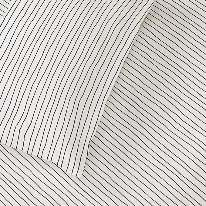 MakeMake Organics Organic Queen Fitted Sheet Set GOTS Certified Organic Cotton Fitted Sheet with Pillowcase Ultra Soft Non Toxic Breathable Hypoallergenic Blue Stripes Neutral (Queen, Stripes Navy)