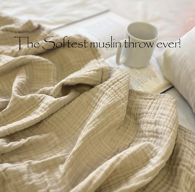 KyraHome 100% Organic Cotton 90"x104" King Size Muslin Blankets for Adults, Couch, Pre-Washed Plant Dyed, Breathable Cozy Gauze Bed Blanket, All Season (Oatmeal Khaki)