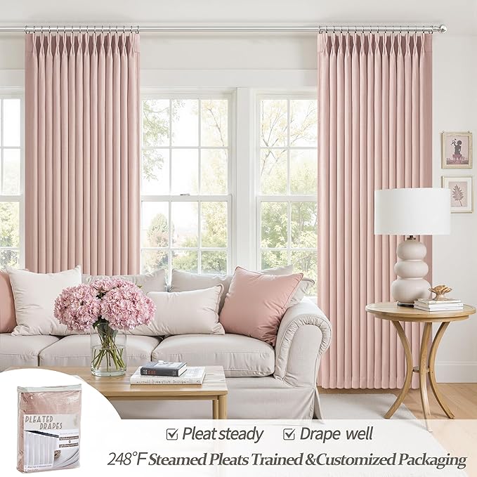 Light Pink Blackout Curtains for Girls Bedroom 84 Inches Length 2 Panels Set, Petty Memory Trained Pleated Soundproof Two Layer Thick Linen Heat Blocking Privacy Decorative Window Drapes 84 Inch Long