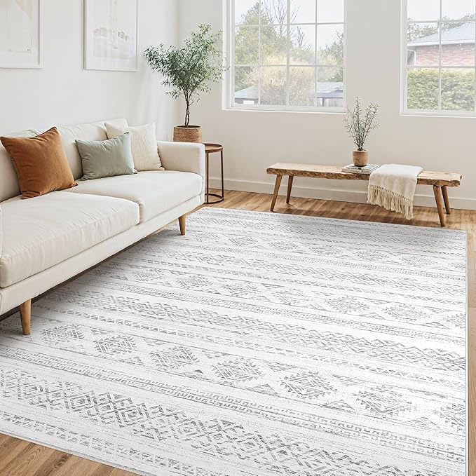 Tortania Area Rug Living Room Rugs - 6x9 Washable Large Soft Neutral Boho Moroccan Bohemian Farmhouse Rug Indoor Floor Carpet for Bedroom Under Dining Table Home Office Decor - Ivory Gray