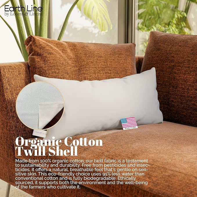 Looms & Linens Organic Cotton Pillow 12x24 inch Lumbar Pillow Insert with Twill Cotton Shell - Pack of 1 Lumbar Sham Cushion Made in USA
