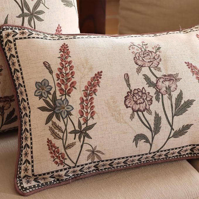 ISAENNE Design Linen Vintage Throw Pillow Covers 12"x20" Pack of 2, Rectangle Cushion Covers with Red Purple Flowers Green Leaves Pattern Decoration Pillowcases for Bed,Living Room,Outdoor,Car