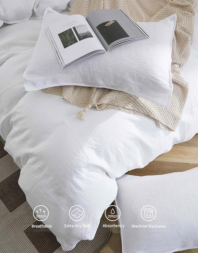 100% French Flax Linen Duvet Cover Set, Queen Size 90''x90'' 3 Pcs with 8 Corner Ties and Button Closure, Soft and Breathable for All Season(White, Queen)