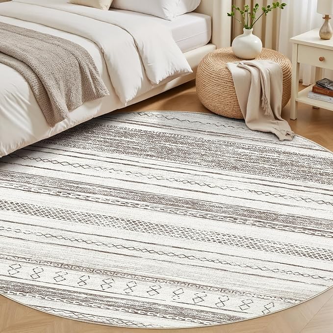 Tortania 5' Round Area Rug Living Room Rugs - Washable Large Soft Neutral Boho Moroccan Bohemian Farmhouse Rug Indoor Floor Carpet for Bedroom Under Dining Table Home Office Decor - Cream/Brown