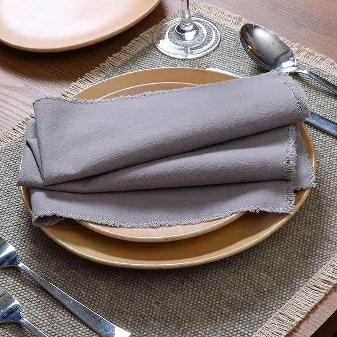 Ramanta Home Cloth Napkins Set of 12 Grey 18x18 Inch - Spring Soft & Durable Frayed Dinner Napkin for Easter Wedding, Birthday Parties | Heavy Weight Fabric Table Linen for Everyday Use Family Dinners