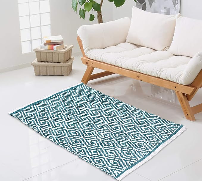Chenille Cotton Diamond Rug 21x34 Inches - Teal, Reversible Small Soft Washable Front Door Mat Ideal for Kitchen, Entryway, Bathroom | Green Farmhouse Boho Accent Indoor Throw Rugs for Patio