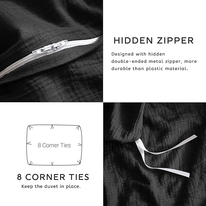 SE SOFTEXLY Muslin Duvet Cover Queen Size, 100% Washed Cotton Duvet Cover Set, Ultra Soft Comforter Cover Linen Like, 3 Pieces Minimalist Gauze Duvet Cover with 2 Pillowcases, 90"x90", Black