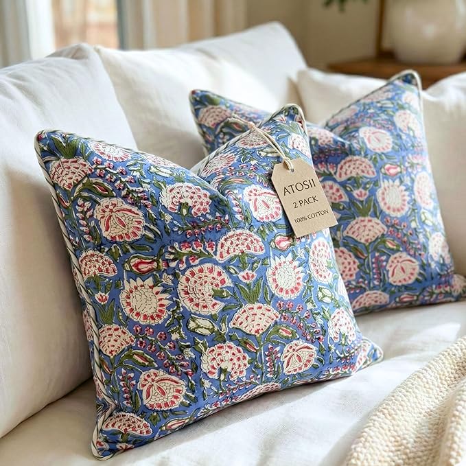 ATOSII Block Print Throw Pillow Covers, 20 X 20 - Set of 2, Decorative Couch Pillows for Living Room Bed Sofa, 100% Cotton Canvas Pillowcase for Home Decor & Outdoors, Preppy Throws - Clover Pink