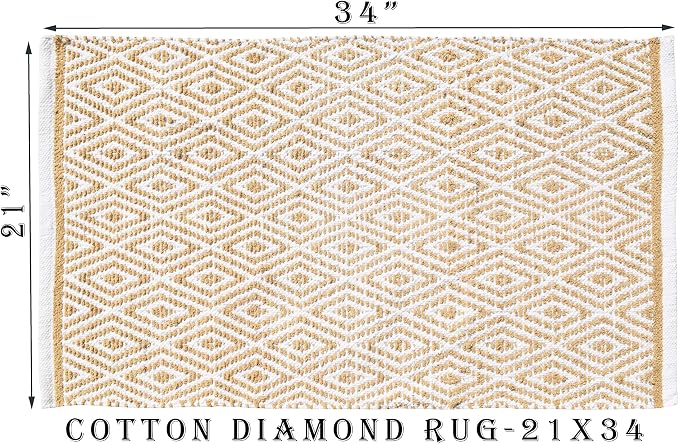 Ramanta Home 100% Cotton Diamond Handwoven Reversible Rug 21x34 Inch– Linen Soft Washable Area Rug for Bathroom, Kitchen, Bedroom, Entryway | Durable Lightweight Handmade Accent Floor Mat | Boho Décor