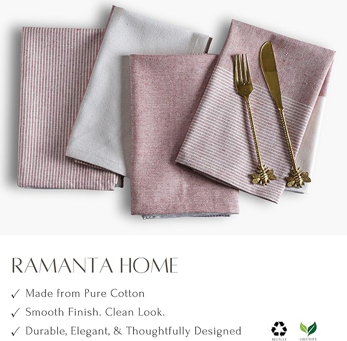 Ramanta Home Cloth Napkins Set of 4 18x18 Inches - Spring Basket Decor Block Striped Dinner Napkins for Easter Farmhouse Wedding, Washable Soft Cotton Durable Table Linen for Everyday Use - Rust