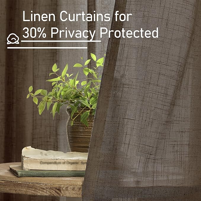 LAMIT Sheer Linen Curtains 63 Inch for Bedroom, Light Filtering Neutral Semi Sheer Farmhouse Boho Curtains Back Tab and Rod Pocket Living Room Panels, Dark Brown, 2 Panels, 52 x 63 Inch
