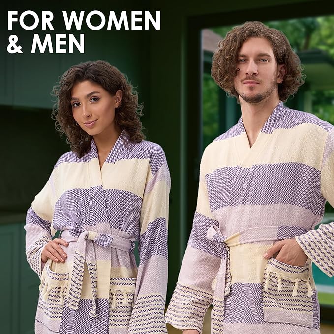 ATANI 100% Turkish Cotton Bathrobe S-XXL for Women & Men – Peshtemal Style Soft Cozy Lounge Robe, Absorbent & Lightweight
