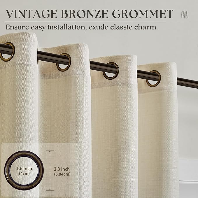 Beige Cream Semi Sheer Curtains 80 Inch Length for Living Room Dining 2 Panel Set Grommet Neutral Rustic Modern Farmhouse Semi Privacy Flax Thick Linen Drape Curtain for Bedroom 52x80 Long Curtain