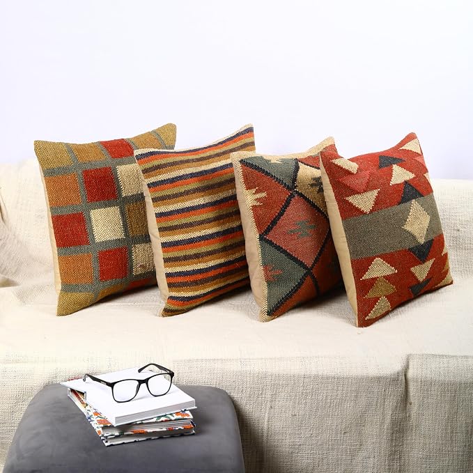 Trade Star 70% Jute 30% Wool Pillow Shams Ethnic Rug Pillow Covers Set of 4 Kilim Cushion Covers Handloomed Decorative Throw Pillow Cover Handwoven Pillowcase (Kilim 3)