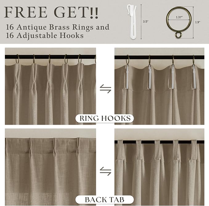 High Ceiling Pleated Curtains 120 Inch Length Camel Tan Linen Textured Memory Trained Shaped Light Filtering Privacy Curtains for Living Room Bedroom Extra Long Semi Sheer Drapes 2 Panels 10 ft