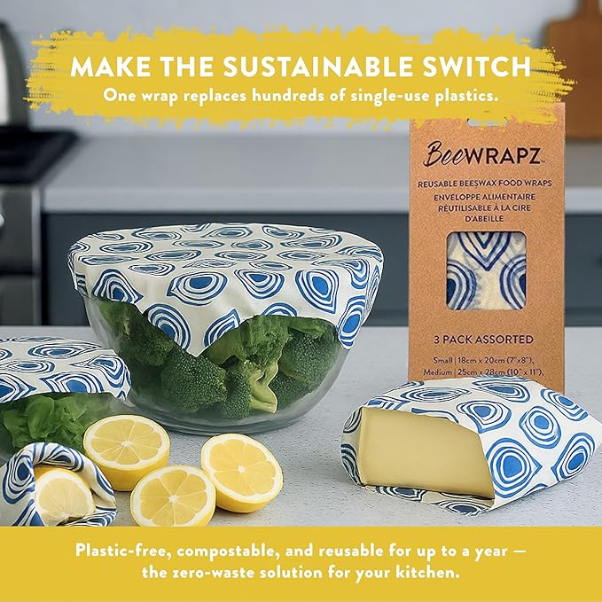BeeWRAPZ Reusable Beeswax Wraps for Food | Eco Friendly & Organic | Eco-Friendly & Plastic-Free Food Storage | Biodegradable |Pack of 3 Beeswax Food Wraps for Wrapping Fruits & Vegetables (Blue)