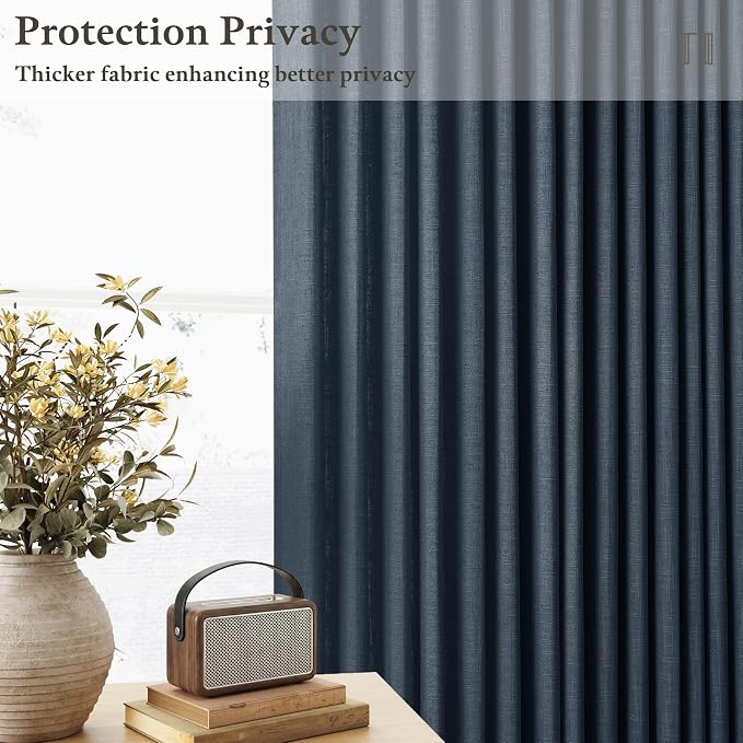 Navy Light Filtering Boys Bedroom Curtains 63 Inches Long 2 Panels Set for Small Window Dark Blue Boho Farmhouse Pinch Pleated Linen Short Semi Sheer Back Tab Bedroom Bay Windows 50Wx63L Length