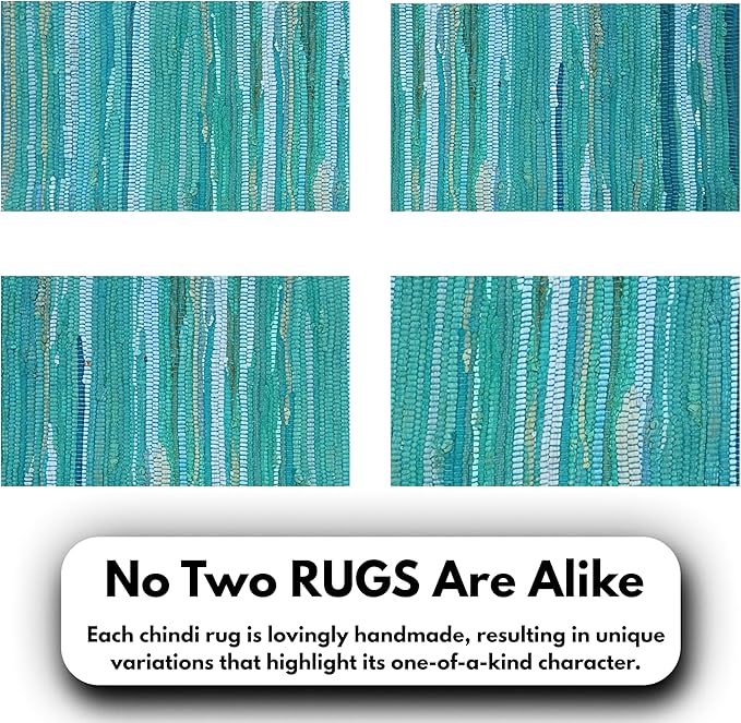 Ramanta Home Hand Woven 100% Cotton Chindi Rag Rug 2'x3' - Teal, Recycled Reversible Rug, Boho Farmhouse Rugs for Living Room, Dinning Room, Kitchen, Entryway, Bedroom Rugs - 24"x36"