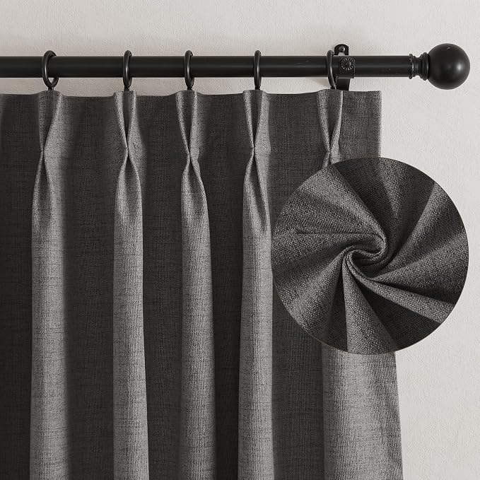 RYB HOME Pinch Pleated Back Tab Curtains Linen Textured 100% Blackout Curtains Thermal Insulated for Bedroom Living Room Bay Window Drapes, W 42 x L 90 inches, Grey, 2 Panels