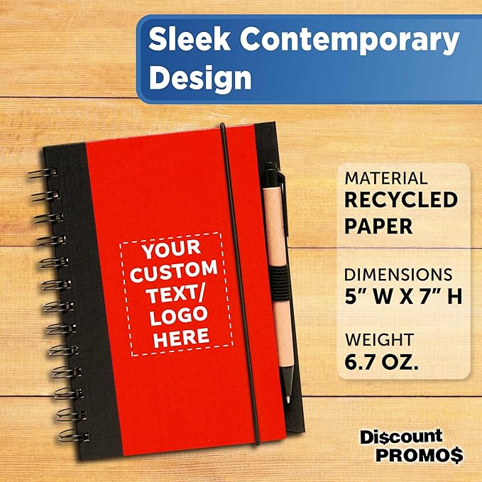 DISCOUNT PROMOS Custom Eco Block Notebooks with Pens Set of 10/50/100, Personalized Bulk Pack - Perfect for School, Office, Business, Home - Red