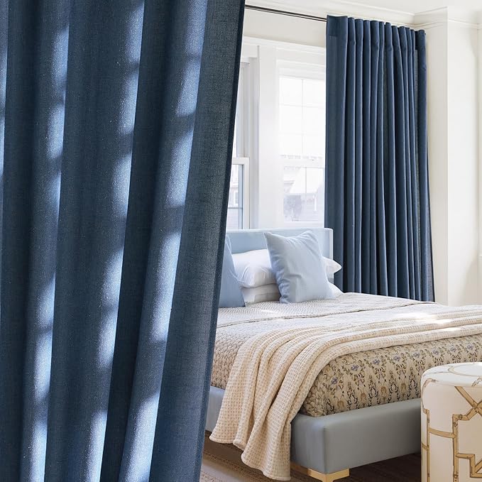 NICETOWN Thick Linen Navy Blue Curtains for Bedroom, Rod Pocket & Back Tab Flax Semi-Sheer with Light Filtering Window Treatments Privacy Assured for Living Room, W55 x L84, 2 Panels