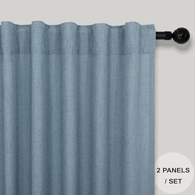 Blue Curtains 38 Inch Width for Kitchen Door 2 Panels Back Tab Rod Pocket Semi Sheer Linen Skinny Light Blue Small Curtain for Bedroom Laundry Bathroom Side Windows Country Farmhouse Wide 38x63 Length